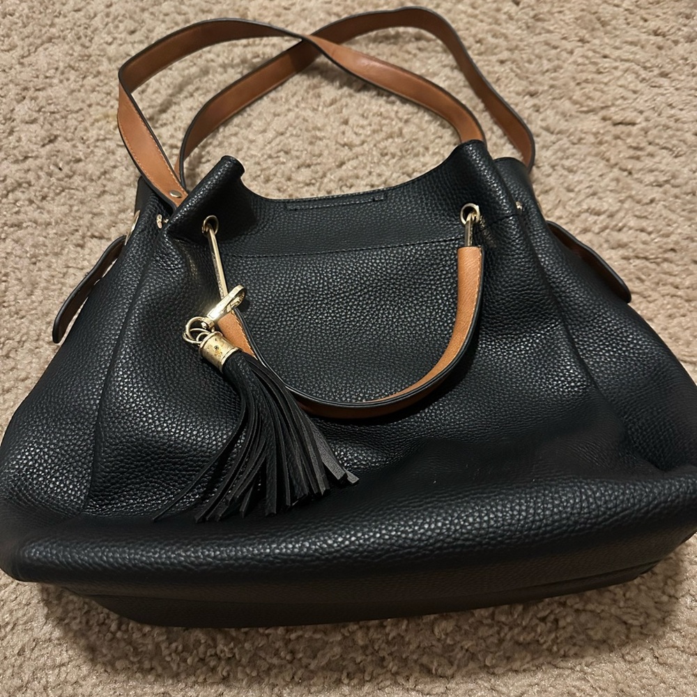 Elegant Black and Tan Leather Tote Bag and canvas crossbody